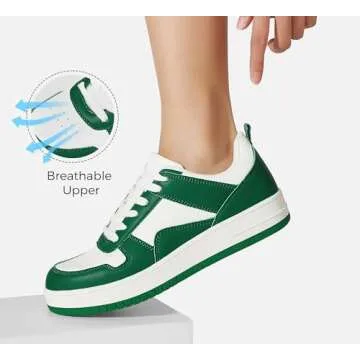 LUCKY STEP Women Fashion Sparkle Rhinestone Sneakers White Leather Low Top Tennis Shoes Lace Up Casual Comfortable Walking Shoe(Green/White,9)