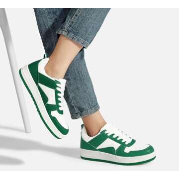 LUCKY STEP Women Fashion Sparkle Rhinestone Sneakers White Leather Low Top Tennis Shoes Lace Up Casual Comfortable Walking Shoe(Green/White,9)