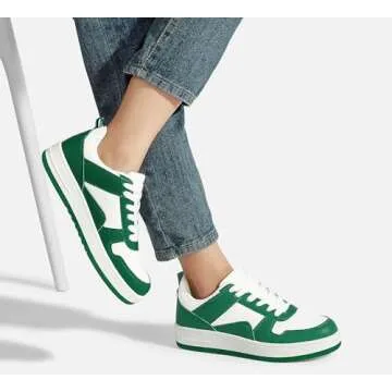 LUCKY STEP Women Fashion Sparkle Rhinestone Sneakers White Leather Low Top Tennis Shoes Lace Up Casual Comfortable Walking Shoe(Green/White,9)