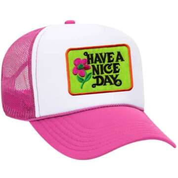 Have A Nice Day Vintage Patch Trucker Hat (Pink/White/Green)