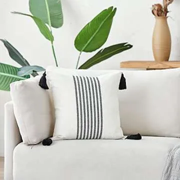 IKATYARN 18 x 18 Inches Pack of 2 Boho Black and Off White Embroidery Striped Throw Pillow Cover, Soft Chenille Pillowcase with Tassels, Modern Farmhouse Decor Cushion Cover for Couch Sofa Bed