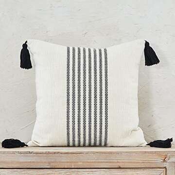 IKATYARN 18 x 18 Inches Pack of 2 Boho Black and Off White Embroidery Striped Throw Pillow Cover, Soft Chenille Pillowcase with Tassels, Modern Farmhouse Decor Cushion Cover for Couch Sofa Bed