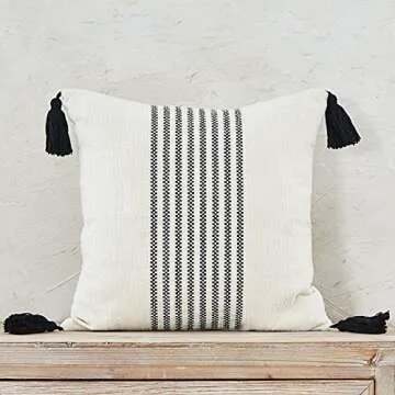 IKATYARN 18 x 18 Inches Pack of 2 Boho Black and Off White Embroidery Striped Throw Pillow Cover, Soft Chenille Pillowcase with Tassels, Modern Farmhouse Decor Cushion Cover for Couch Sofa Bed