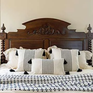 IKATYARN 18 x 18 Inches Pack of 2 Boho Black and Off White Embroidery Striped Throw Pillow Cover, Soft Chenille Pillowcase with Tassels, Modern Farmhouse Decor Cushion Cover for Couch Sofa Bed