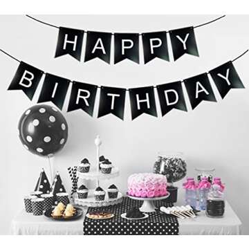 Black Happy Birthday Banner, Black Happy Birthday Bunting Banner with White Letters Birthday Party Decoration Supplies