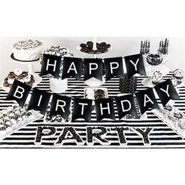 Black Happy Birthday Banner, Black Happy Birthday Bunting Banner with White Letters Birthday Party Decoration Supplies