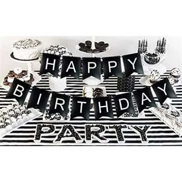 Black Happy Birthday Banner, Black Happy Birthday Bunting Banner with White Letters Birthday Party Decoration Supplies