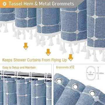 BTTN Extra Long Shower Curtain - 72x84 Inch Long Boho Chic Tassel Linen Fabric Shower Curtain Set with Hooks, Tall Modern Farmhouse Elegant Heavy Duty Thick Cloth Shower Curtains for Bathroom - Blue