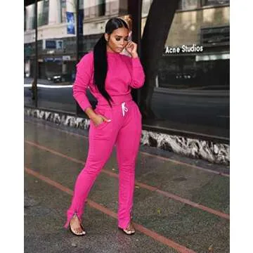 Women Solid 2 Piece Outfits Top and High Waist Slit Pants Sport Jumpsuits Sweatsuit Set Pink