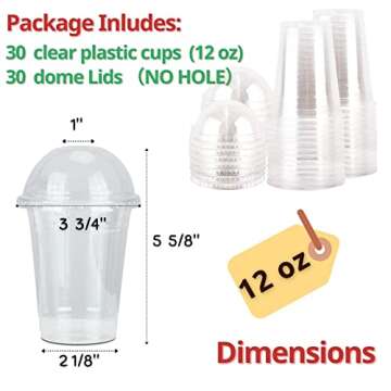 12 oz Clear Plastic Cups with Dome Lids No Hole - (30 Sets) PET Disposable Dessert Cups, Parfait cup...