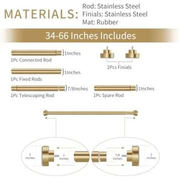 YNL Tension Curtain Rod 34-66 Inch, Adjustable Spring Tension Curtain Rod No Drilling, Non-Slip, Never Rust, Stainless Steel, for Laundry Door Entryway, Gold