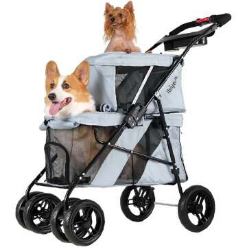 ibiyaya Double Pet Stroller for Small and Medium Dogs & Cats - Lightweight, Foldable, Gray
