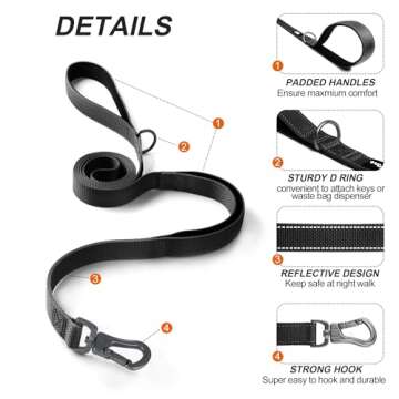 TwoEar 4FT 1IN Strong Black Dog Leash with 2 Padded Handles, Traffic Handle Extra Control, Comfortab...