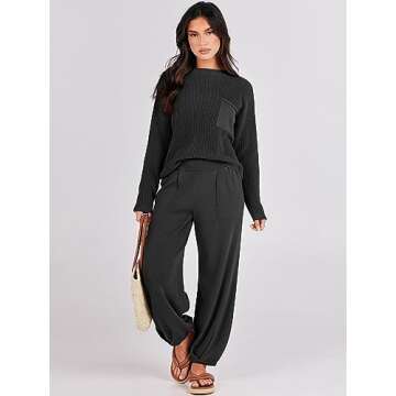 Prinbara Two 2 Piece Outfits Womens 2023 Casual Fall Fashion Matching Lounge Sets Cute Sweatsuits Sweat Suits Cozy Knit Sweater Loungewear Pants Set Clothes Black 1PA082-heise-XL (JM29)