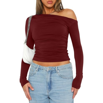 Darong Women's Casual Boat Neck Off Shoulder Long Sleeve Slim Fit Crop Top