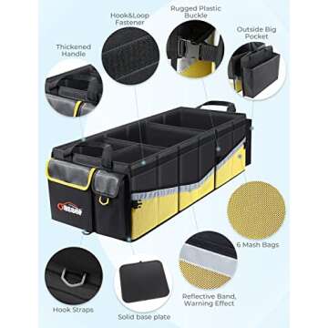 Oasser Trunk Organizer with Cooler Bag, Large Collapsible Car Trunk Organizer for SUV with Multi Compartments, Car Storage Organizer Grocery with Lid for Sedan (Extra Large, Black&Yellow)
