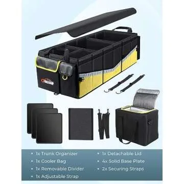 Oasser Trunk Organizer with Cooler Bag, Large Collapsible Car Trunk Organizer for SUV with Multi Compartments, Car Storage Organizer Grocery with Lid for Sedan (Extra Large, Black&Yellow)
