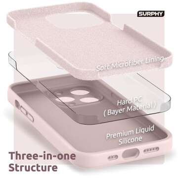 SURPHY Compatible with iPhone 13 Pro Case with Screen Protector, (Camera Protection & Soft Microfiber Lining) Liquid Silicone Phone Case 6.1 inch 2021, Pink Sand