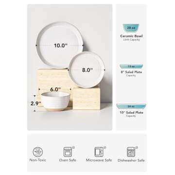 LE TAUCI Dinnerware Sets 12 PCS, Ceramic Plates and Bowls Set, For Housewarming (28 oz Cereal Bowl+ 8" Salad Dish+10" Dinner Plate) x 4, Oven safe, Arctic White