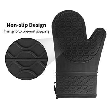 Vaincre Oven Mitts Heat Resistant - 2PCS Black Silicone Oven Mitts, Non-Slip Grip Soft Cooking Potholders, Flexible Kitchen Gloves Potholders Baking Gloves for Cooking Baking Kitchen