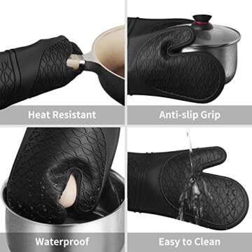 Vaincre Oven Mitts Heat Resistant - 2PCS Black Silicone Oven Mitts, Non-Slip Grip Soft Cooking Potholders, Flexible Kitchen Gloves Potholders Baking Gloves for Cooking Baking Kitchen
