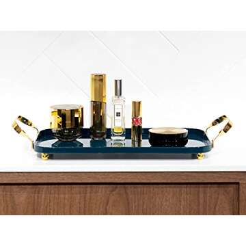 BLUE GINKGO Decorative Serving Tray - Metal Serving Tray with Handles, Decorative Trays for Coffee Table, Home Decor, Vanity, Jewerly, Perfume and Make up - Bar Liquor Display with Gold Accents - Teal