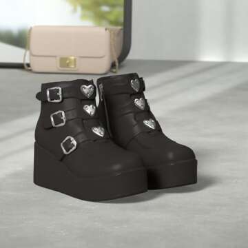 LUCKY STEP Women Platform Chunky Ankle Boots - Round Toe Zipper Wedges High Heels Rave Buckle Thick ...