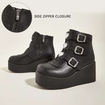 LUCKY STEP Women Platform Chunky Ankle Boots - Round Toe Zipper Wedges High Heels Rave Buckle Thick Sole Goth Booties
