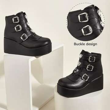 LUCKY STEP Women Platform Chunky Ankle Boots - Round Toe Zipper Wedges High Heels Rave Buckle Thick Sole Goth Booties