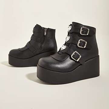 LUCKY STEP Women Platform Chunky Ankle Boots - Round Toe Zipper Wedges High Heels Rave Buckle Thick Sole Goth Booties