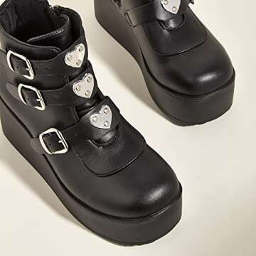 LUCKY STEP Women Platform Chunky Ankle Boots - Round Toe Zipper Wedges High Heels Rave Buckle Thick Sole Goth Booties