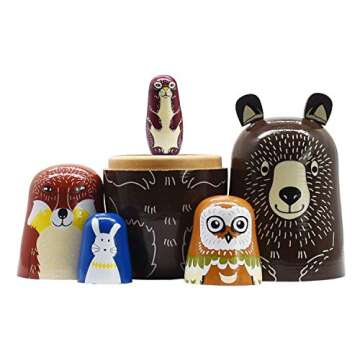 Tphon Russian Nesting Dolls Bear Wooden Matryoshka Dolls for Kids Handmade Cute Cartoon Animals Pattern Nesting Doll Toy Stacking Doll Set of 5