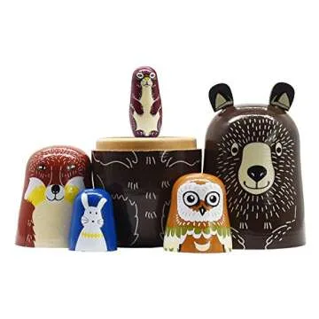 Tphon Russian Nesting Dolls Bear Wooden Matryoshka Dolls for Kids Handmade Cute Cartoon Animals Pattern Nesting Doll Toy Stacking Doll Set of 5