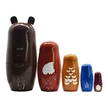 Tphon Russian Nesting Dolls Bear Wooden Matryoshka Dolls for Kids Handmade Cute Cartoon Animals Pattern Nesting Doll Toy Stacking Doll Set of 5
