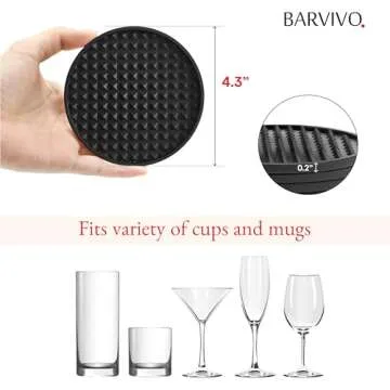 Barvivo Black Silicone Coasters for Drinks - Anti Slip Coaster Sets with Holder, 8 Pack - Cup Coasters for Tabletop Protection in Office or Home - Unbreakable Table Coaster for Outdoor and Indoor