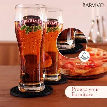 Barvivo Black Silicone Coasters for Drinks - Anti Slip Coaster Sets with Holder, 8 Pack - Cup Coasters for Tabletop Protection in Office or Home - Unbreakable Table Coaster for Outdoor and Indoor