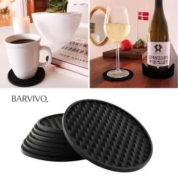 Barvivo Black Silicone Coasters for Drinks - Anti Slip Coaster Sets with Holder, 8 Pack - Cup Coasters for Tabletop Protection in Office or Home - Unbreakable Table Coaster for Outdoor and Indoor