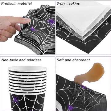 durony 100 Pieces Halloween Spider Web Party Supplies Tableware Set Including Halloween Spiderweb Dinner Paper Plates Cups Napkins Serves for 25, Halloween Party Decorations