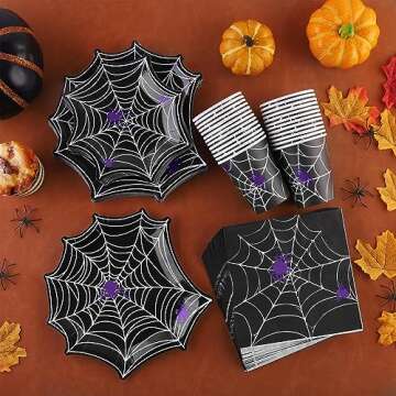 durony 100 Pieces Halloween Spider Web Party Supplies Tableware Set Including Halloween Spiderweb Dinner Paper Plates Cups Napkins Serves for 25, Halloween Party Decorations