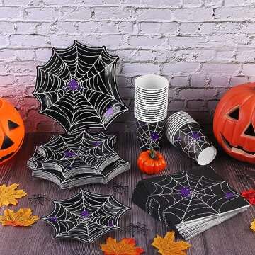 durony 100 Pieces Halloween Spider Web Party Supplies Tableware Set Including Halloween Spiderweb Dinner Paper Plates Cups Napkins Serves for 25, Halloween Party Decorations
