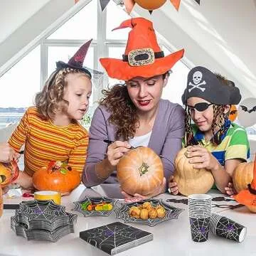 durony 100 Pieces Halloween Spider Web Party Supplies Tableware Set Including Halloween Spiderweb Dinner Paper Plates Cups Napkins Serves for 25, Halloween Party Decorations