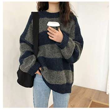 Women Vintage Striped Sweater Knitted Long Sleeve Loose Oversized Pullover Jumper Tops Blue