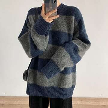 Women Vintage Striped Sweater Knitted Long Sleeve Loose Oversized Pullover Jumper Tops Blue