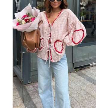 Yimoon Women Tie Front Gingham Tops Y2K Peplum Puff Sleeve Lace Up Blouses Plaid Going Out Ruffle Shirt Kawaii Crop Tops(Pink-L)