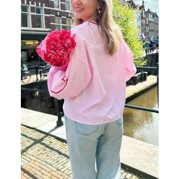 Yimoon Women Tie Front Gingham Tops Y2K Peplum Puff Sleeve Lace Up Blouses Plaid Going Out Ruffle Shirt Kawaii Crop Tops(Pink-L)