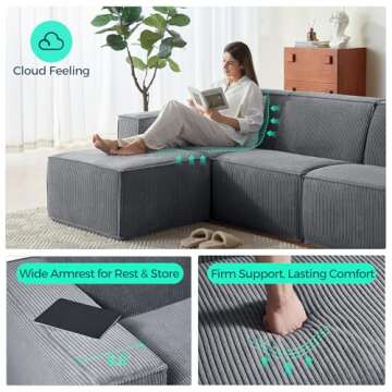 LINSY HOME Oversized Deep Modular Sectional Sofa, Cloud Couch U Shaped 3-Seat Sofa with 2 Ottomans, Corduroy Sectional Couches for Living Room, No Assembly Required, Bluish Grey