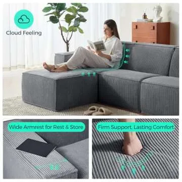 LINSY HOME Oversized Deep Modular Sectional Sofa, Cloud Couch U Shaped 3-Seat Sofa with 2 Ottomans, Corduroy Sectional Couches for Living Room, No Assembly Required, Bluish Grey