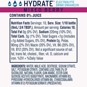 Hydrate Electrolyte Liquid Drink Enhancer Drops, Low Sugar, Low Calorie, Natural Flavor Hydration Mi...