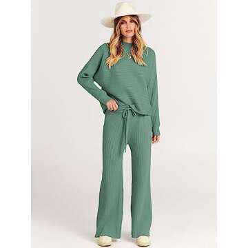 ANRABESS Women's Two Piece Outfits Crop Top Wide Leg Pants Cozy Knit Sweater Lounge Sets 2024 Fall Trendy Travel Clothes Gray Green X-Large