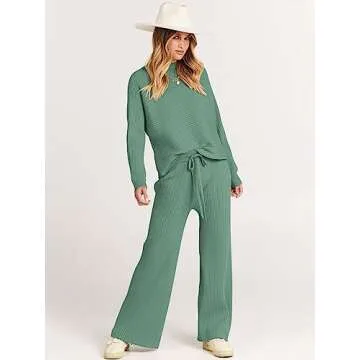 ANRABESS Women's Two Piece Outfits Crop Top Wide Leg Pants Cozy Knit Sweater Lounge Sets 2024 Fall Trendy Travel Clothes Gray Green X-Large